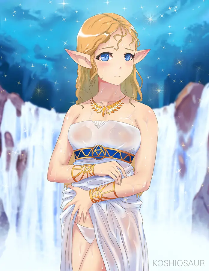Image 1girls,breasts,female,long_hair,looking_at_viewer,blue_eyes,panties,small_breasts,blonde_hair,dress,wet,necklace,nintendo,dress_lift,night,white_dress,white_panties,see-through,bracelet,outside,stars,breath_of_the_wild,princess_zelda,the_legend_of_zelda,zelda_(breath_of_the_wild),see-through_clothing,wet_clothes,wet_hair,starry_sky,wet_panties,waterfall,strapless_dress,koshio,koshiosaur,wet_dress