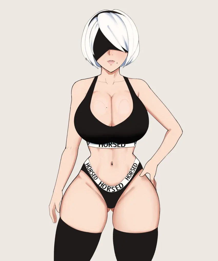 Image 1girls,breasts,female,light-skinned_female,light_skin,white_hair,short_hair,thighhighs,panties,thick_thighs,sports_bra,huge_breasts,blindfold,nier:_automata,yorha_2b,android,android_girl,nier,text_on_clothing,calvin_klein,g3mma,horsed