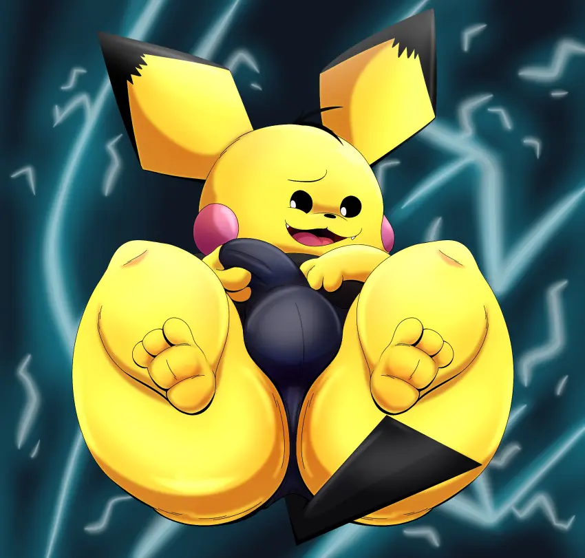 Image clothing,hi_res,looking_at_viewer,solo,male,pokemon,pokemon_(species),underwear,ass,big_butt,erection,feet,anthro,absurd_res,nintendo,bulge,presenting,thong,detailed_bulge,erection_under_clothing,black_underwear,black_clothing,generation_2_pokemon,hand_on_bulge,tepigfan101,pace(blastoiseanimator),pichu