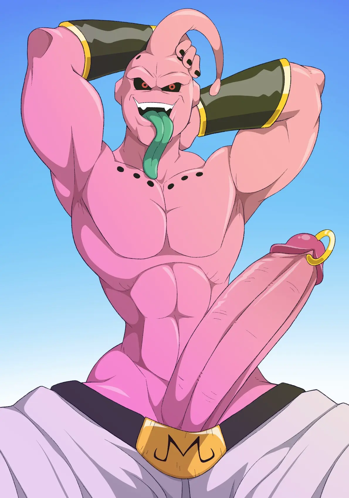 Image clothed,clothing,hi_res,looking_at_viewer,pants,red_eyes,simple_background,solo,male,penis,tongue_out,tongue,big_penis,blue_background,humanoid_penis,muscular,muscular_male,hands_behind_head,male_only,digital_media_(artwork),teeth,white_clothing,huge_cock,anthro,piercing,dragon_ball,dragon_ball_z,topless,presenting,genitals,muscular_anthro,belt,2024,male_focus,solo_male,abs,humanoid_genitalia,pink_body,long_tongue,armlet,black_sclera,majin,topless_male,white_pants,naughty_face,bottomwear,white_bottomwear,genital_piercing,pink_penis,presenting_penis,penis_piercing,belt_buckle,lowered_pants,prince_albert_piercing,topless_anthro,anti_dev,super_buu,teal_tongue
