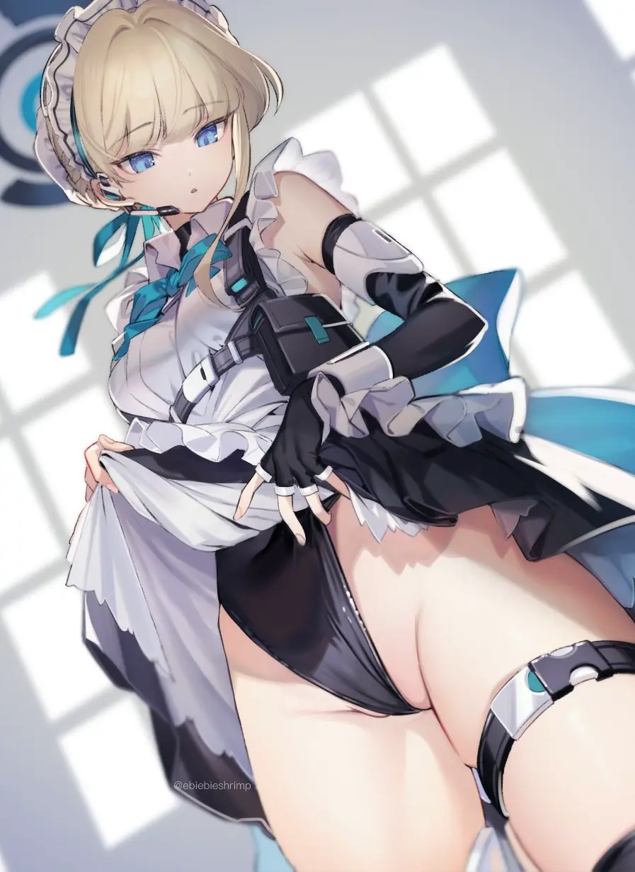 Image 1girls,breasts,female,blue_eyes,elbow_gloves,gloves,blue_archive,blonde_hair,medium_breasts,halo,dress_lift,maid,maid_uniform,maid_headdress,apron,fingerless_gloves,leotard,highleg,highleg_leotard,thigh_strap,bun_cover,toki_(blue_archive),harness,black_leotard,chest_harness,maid_apron,hairbun,earpiece,leotard_under_clothes,shuri_(84k)