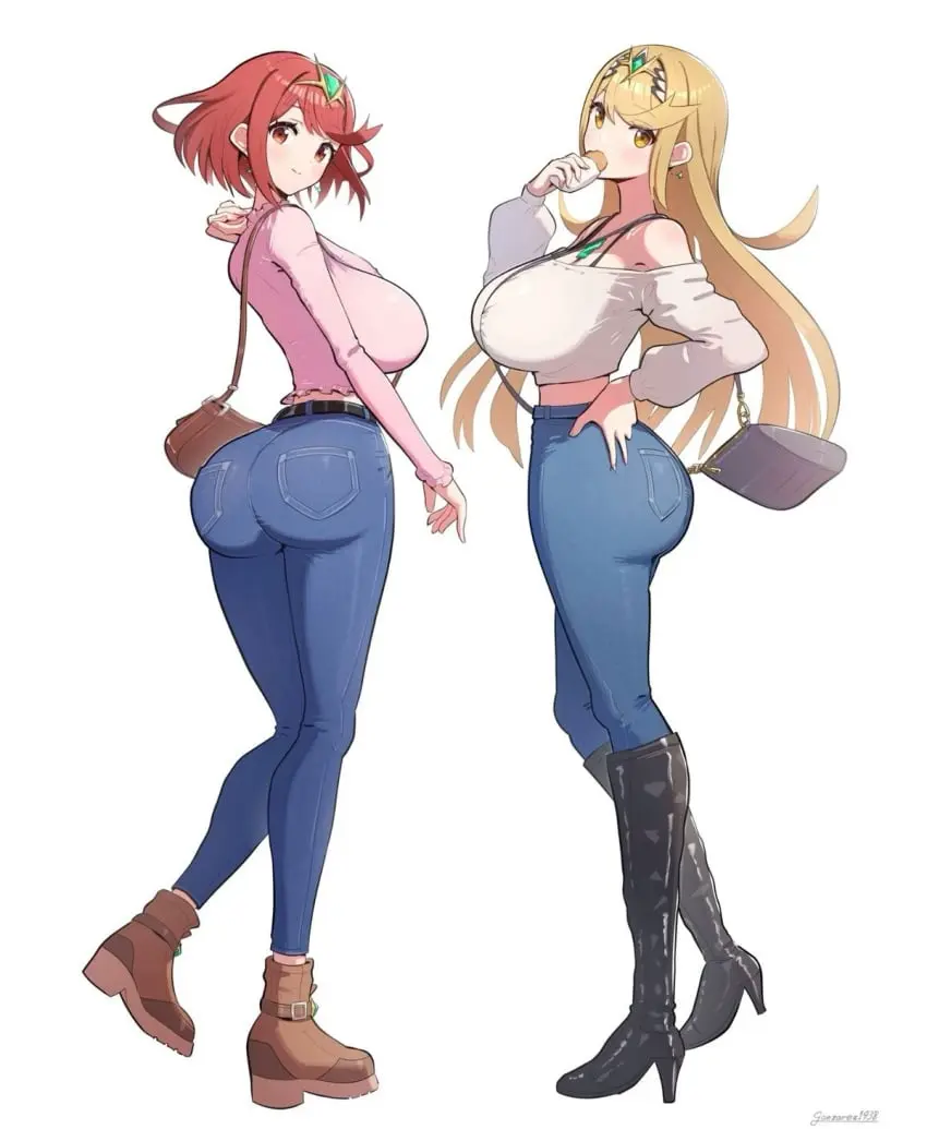 Image breasts,clothing,female,female_only,large_breasts,long_hair,red_eyes,2girls,bangs,short_hair,yellow_eyes,red_hair,ass,big_ass,huge_breasts,tagme,blonde_hair,heels,high_heels,ass_focus,pyra,xenoblade_(series),xenoblade_chronicles_2,gonzarez,fully_clothed,boots,jeans,mythra,pyra_(xenoblade),mythra_(xenoblade),side_swept_bangs