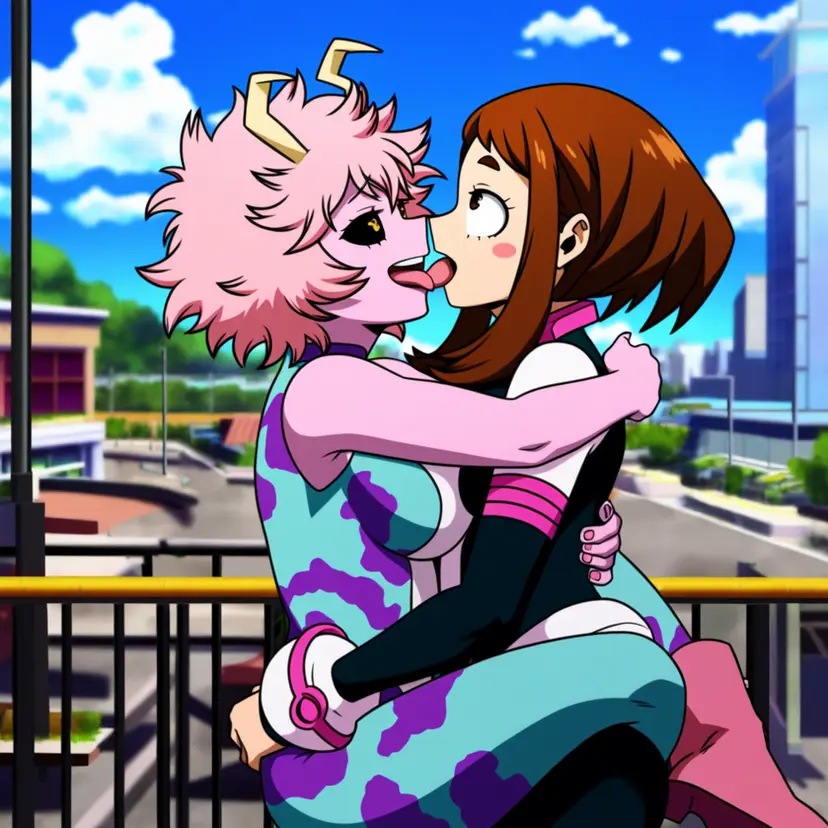 Image female,ai_generated,my_hero_academia,ochako_uraraka,boku_no_hero_academia,yuri,kissing,mina_ashido,tongue_kiss,french_kissing,powerhouserift,tongue_touching_another's_tongue,tongues_touching