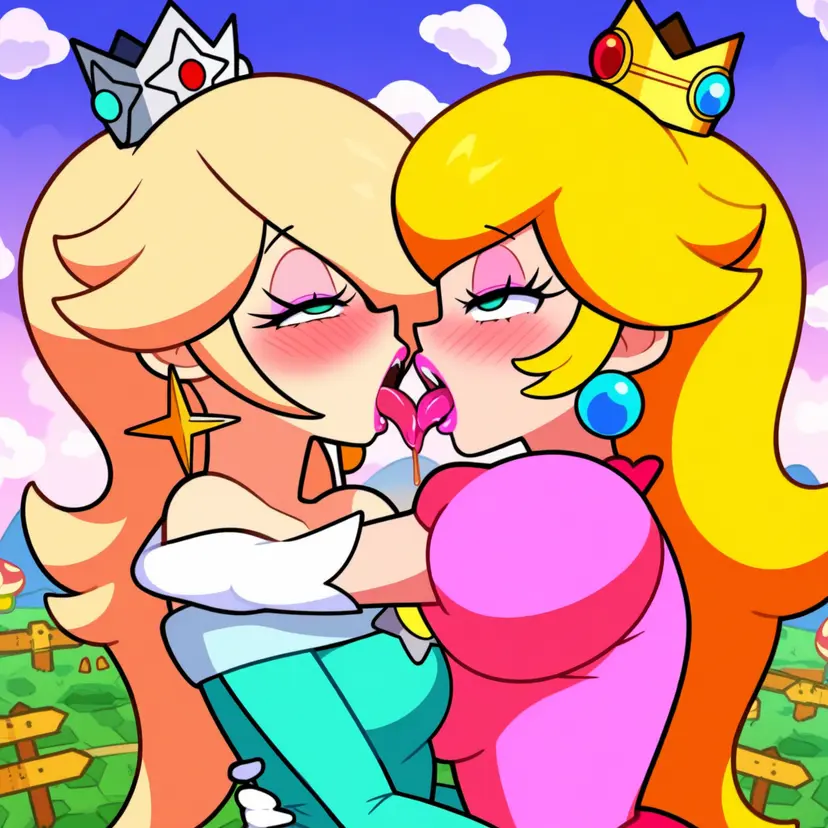 Image female,ai_generated,ahe_gao,mario_(series),yuri,kissing,princess_peach,tongue_kiss,french_kissing,princess_rosalina,powerhouserift,tongue_touching_another's_tongue,tongues_touching