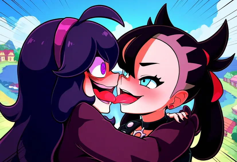 Image female,pokemon,ai_generated,yuri,kissing,hex_maniac,tongue_kiss,french_kissing,marnie_(pokemon),powerhouserift,tongue_touching_another's_tongue,tongues_touching,human_characters_in_pokemon