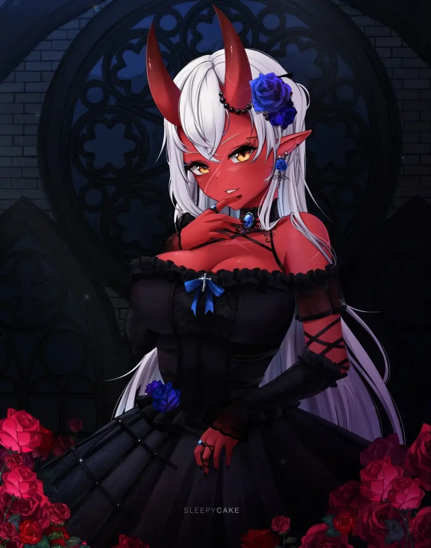 Image female,white_hair,yellow_eyes,virtual_youtuber,flower_in_hair,horns,red_skin,scars,akumi,oni,oni_horns,vyugen,sleepycake