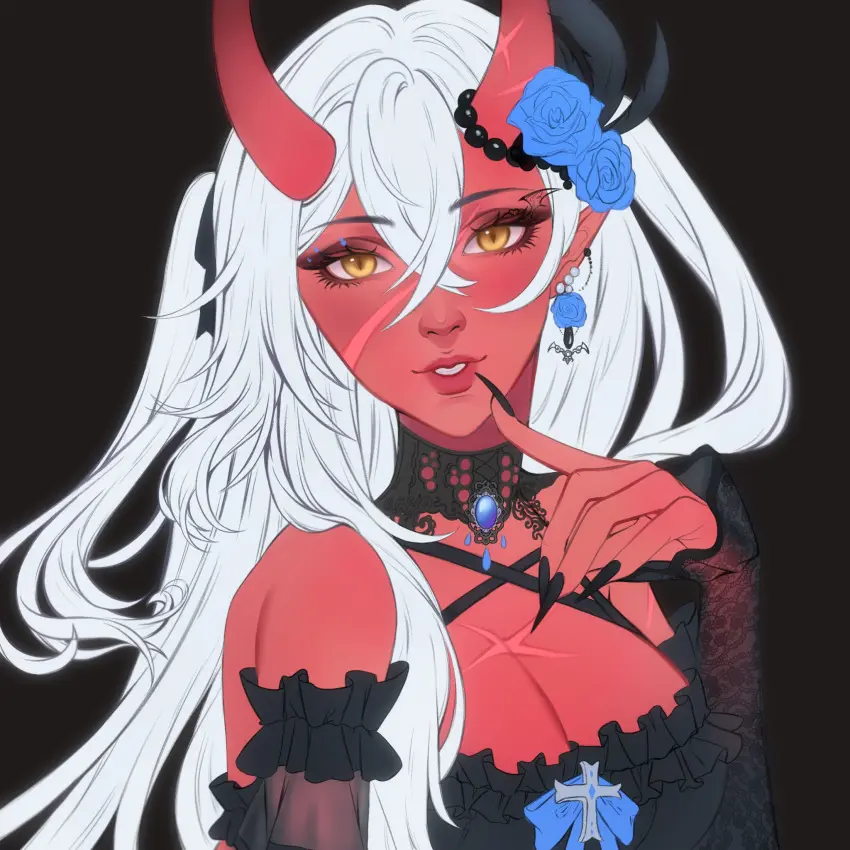 Image female,smile,white_hair,yellow_eyes,smiling,virtual_youtuber,horns,red_skin,scars,akumi,oni,oni_horns,vyugen,dehsofa