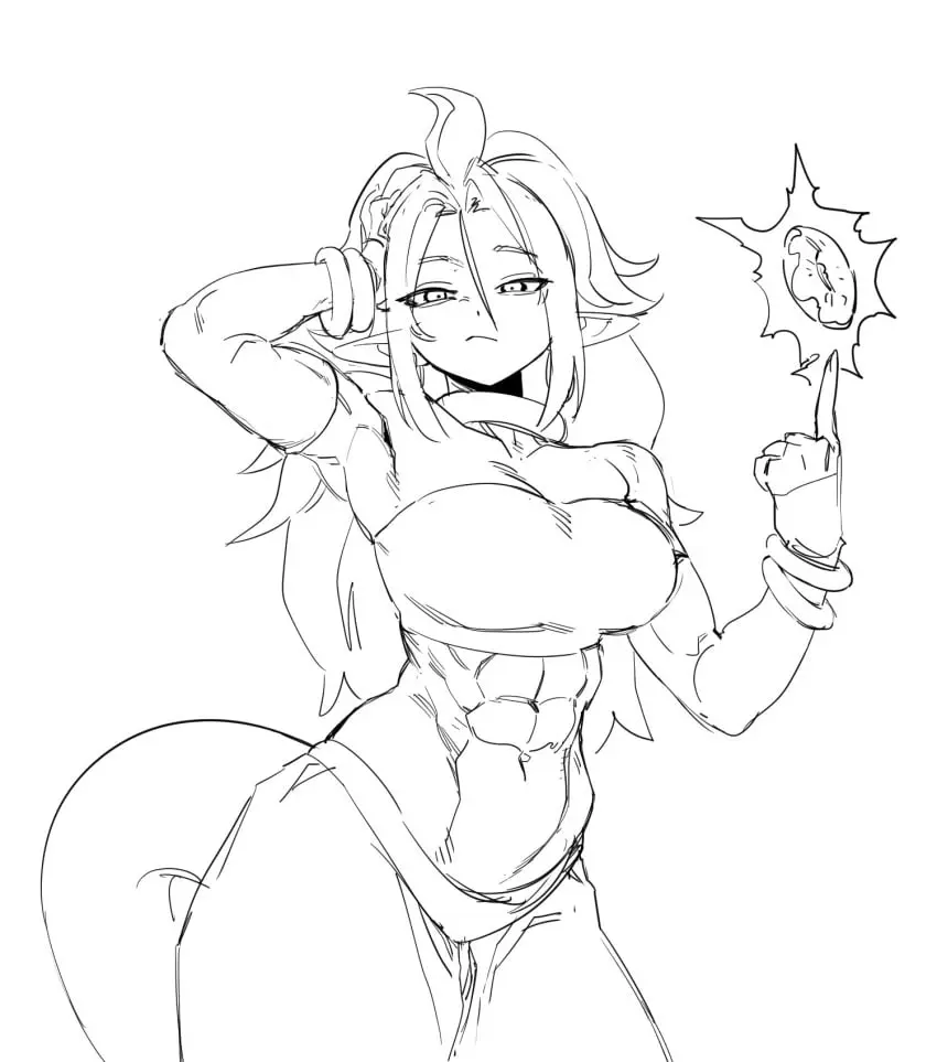 Image 1girls,breasts,female,long_hair,looking_at_viewer,navel,tail,athletic,muscular,belly_button,jewelry,medium_breasts,pointy_ears,dragon_ball,dragon_ball_z,black_and_white,fit,fit_female,abs,athletic_female,magic,muscular_female,android_21,dragon_ball_fighterz,majin_android_21,pencil_(artwork),muscular_arms,six_pack,harem_outfit,donut,energy,arabian_clothes,zquung