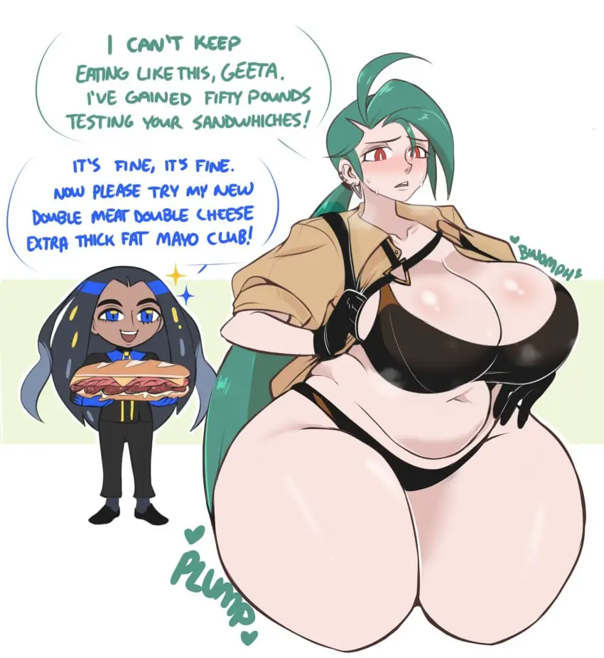 Image big_breasts,blush,breasts,female,female_only,large_breasts,red_eyes,2girls,black_hair,blue_eyes,pokemon,sweat,bra,earrings,thick_thighs,voluptuous,dark_skin,wide_hips,big_belly,huge_breasts,piercing,busty,curvy,curvy_body,curvy_female,curvy_figure,dark-skinned_female,green_hair,dialogue,alternate_breast_size,ear_piercing,pokemon_sv,english_text,curvaceous,pokemon_champion,plump,bbw,alternate_body_type,weight_gain,sandwich_(food),teal_hair,elite_four,rika_(pokemon),dwps,geeta_(pokemon)