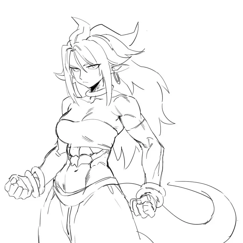Image 1girls,breasts,female,long_hair,looking_at_viewer,navel,tail,athletic,muscular,belly_button,jewelry,medium_breasts,pointy_ears,dragon_ball,dragon_ball_z,black_and_white,fit,fit_female,abs,athletic_female,muscular_female,android_21,dragon_ball_fighterz,majin_android_21,pencil_(artwork),muscular_arms,spiked_hair,six_pack,spiky_hair,harem_outfit,arabian,zquung