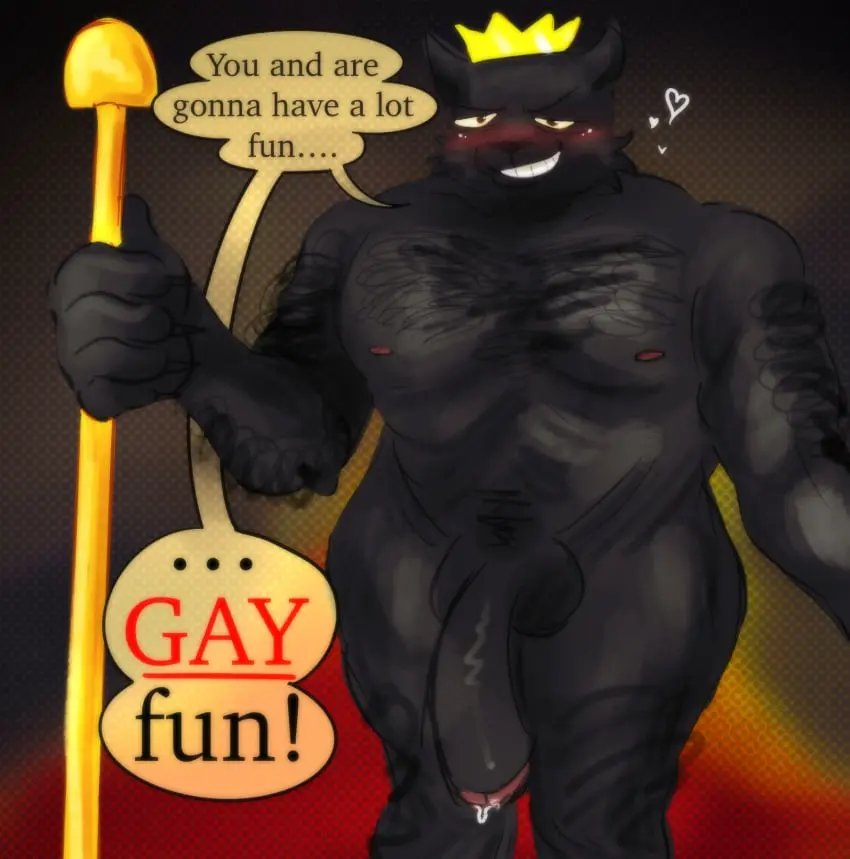 Image blush,nipples,male,penis,furry,big_penis,teeth_showing,balls,anthro,animal_humanoid,cock,gay,dick,dominant_male,solo_male,dripping_cum,speech_bubble,furry_male,crown,black_fur,yellow_sclera,moobs,body_hair,older_male,homosexual,buff,hanging_penis,danny_smoke_in_furry_land,king,king_magnum,clickmyhole,scepter