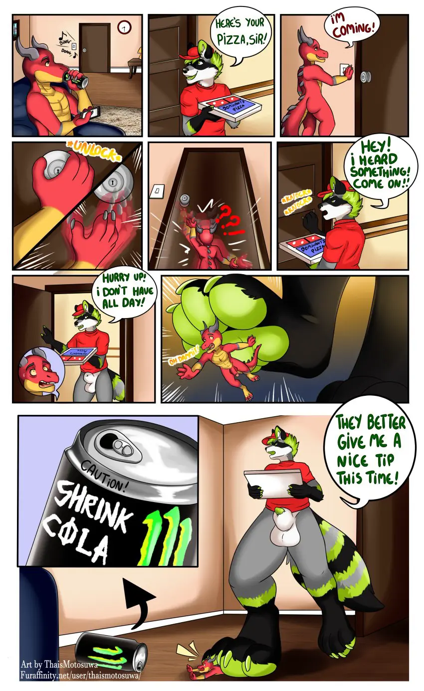 Image clothed,clothing,hi_res,shirt,male,nude,duo,male/male,anthro,mythology,absurd_res,comic,mammal,paws,bottomless,scalie,raccoon,mythological_creature,transformation,topwear,dragon,mythological_scalie,pawpads,macro,micro,procyonid,thaismotosuwa,container,food,pizza,shirt_only,topwear_only,2018,stepped_on,pizza_box,step_pose,size_transformation,shrinking,pizza_delivery,delivery_(commerce),food_delivery,seba_raccoon,zyro_(zyrothedragon)