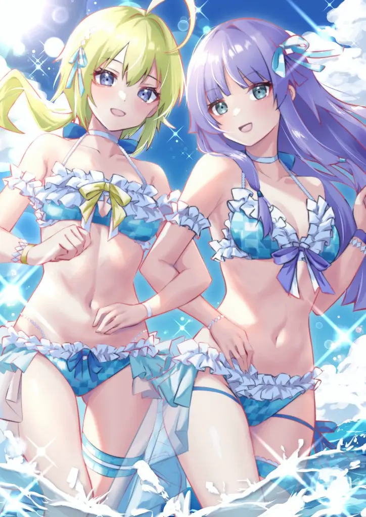 Image breasts,female,long_hair,looking_at_viewer,2girls,blue_eyes,navel,bikini,ponytail,ocean,sky,blonde_hair,medium_breasts,parted_lips,swimsuit,hair_ribbon,cloud,purple_hair,outdoors,blue_ribbon,official_alternate_costume,bracelet,blue_bikini,aqua_eyes,thigh_strap,blue_sky,arm_garter,wristband,plaid,amano_soraha,assault_lily,banshouya_ena,houji_tea_latte,locked_arms,pearl_bracelet,plaid_bikini