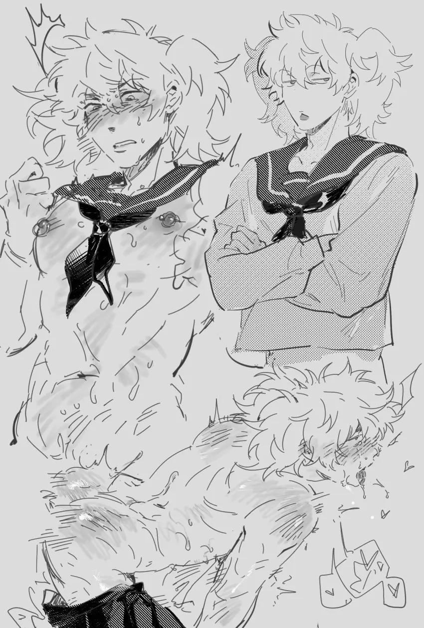 Image blush,male,sweat,anal,anal_sex,crossdressing,male_only,yaoi,solo_focus,from_behind,school_uniform,gay,twintails,monochrome,serafuku,official_alternate_costume,sketch,sketch_page,nipple_piercing,nipple_ring,masculine_crossdresser,wig,gintama,gintoki_sakata,canon_crossdressing,cloudyqchan,paako,screentone
