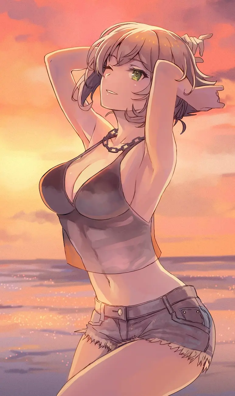 Image 1girls,breasts,female,looking_at_viewer,navel,short_hair,beach,water,ocean,sky,midriff,green_eyes,medium_breasts,necklace,brown_hair,shorts,outside,tank_top,chains,kantai_collection,clouds,sunset,short_shorts,denim_shorts,black_tank_top,chain_necklace,kasumi_(skchkko),mutsu_(kantai_collection)