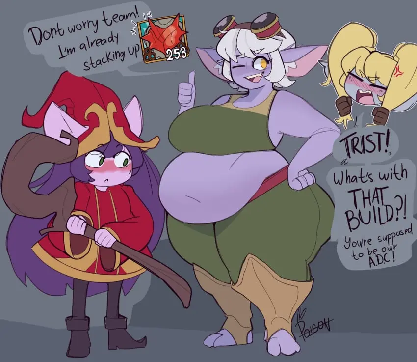 Image big_breasts,blush,breasts,clothed,clothing,female,female_only,highres,standing,short_hair,thick_thighs,wide_hips,belly,purple_skin,text,green_eyes,twintails,closed_mouth,english_text,angry,chubby,chubby_female,shortstack,purple_body,3girls,league_of_legends,poppy,yordle,plump,bbw,tristana,weight_gain,amber_eyes,lulu_the_fae_sorceress,pink_poison67