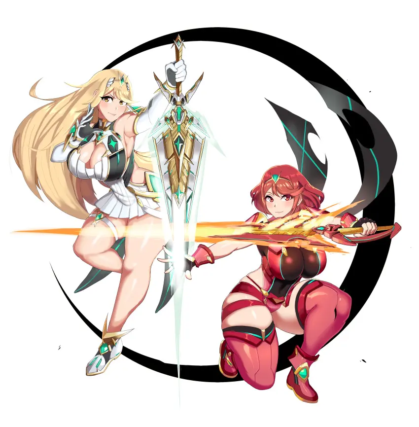 Image big_breasts,blush,breasts,female,long_hair,looking_at_viewer,red_eyes,2girls,gloves,multiple_girls,yellow_eyes,red_hair,female_focus,thick_thighs,thighs,milf,cleavage,blonde_hair,cleavage_cutout,stockings,absurd_res,medium_hair,nintendo,pyra,xenoblade_(series),xenoblade_chronicles_2,fingerless_gloves,matching_hair/eyes,full_body,thigh_strap,weapon,sword,high_res,mythra,clothing_cutout,ailf,alluring,linkxs