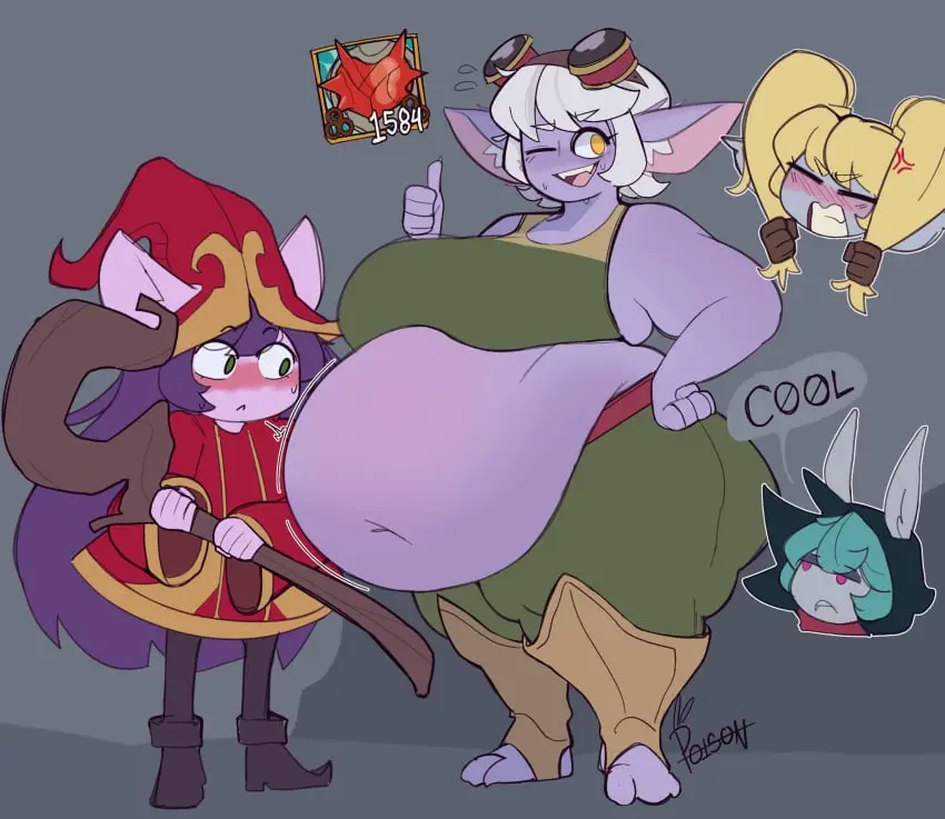 Image big_breasts,blush,breasts,clothed,clothing,female,female_only,highres,standing,short_hair,thick_thighs,wide_hips,belly,huge_belly,teeth,huge_breasts,purple_skin,text,green_eyes,pink_eyes,twintails,closed_mouth,english_text,angry,chubby,chubby_female,shortstack,purple_body,league_of_legends,poppy,yordle,plump,ssbbw,bbw,4girls,tristana,weight_gain,amber_eyes,vex_(league_of_legends),lulu_the_fae_sorceress,pink_poison67