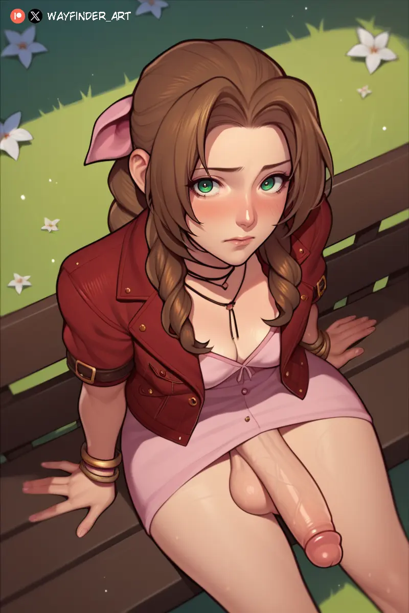Image penis,big_penis,1futa,erection,futanari,high-angle_view,intersex,ai_generated,balls,veiny_penis,green_eyes,stable_diffusion,futa_only,big_balls,futa_sans_pussy,final_fantasy,final_fantasy_vii,aerith_gainsborough,wayfinder_art,penis_under_dress