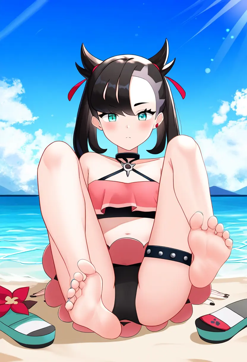 Image 1girls,female,pokemon,choker,bikini,beach,ai_generated,foot_fetish,nai_diffusion,soles,day,daytime,pokemon_ss,pokemon_masters,marnie_(pokemon),summer_marnie_(pokemon_masters),sandles