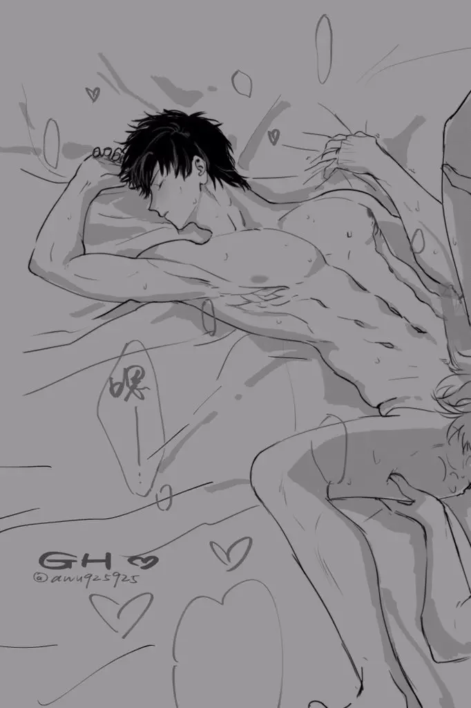 Image solo,male,nude,sweat,on_back,male_only,yaoi,completely_nude,spread_legs,gay,on_bed,monochrome,sheet_grab,toned,implied_oral,toned_male,gintama,gintoki_sakata,hijikata_toshiro,awu925925