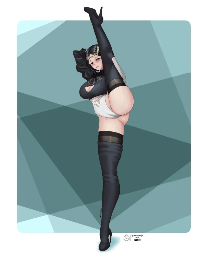 Image 1girls,blush,breasts,female,female_only,large_breasts,long_sleeves,simple_background,solo,black_hair,gloves,short_hair,thick_thighs,thighs,headwear,accessory,bare_thighs,cleavage,feathers,legs,cleavage_cutout,nintendo,high_heels,black_eyes,alternate_costume,fire_emblem,fire_emblem_awakening,full_body,boots,cosplay,crossover,nier:_automata,splits,vertical_splits,thigh_boots,yorha_2b_(cosplay),feather_hair_ornament,noire_(fire_emblem),pactumsyl