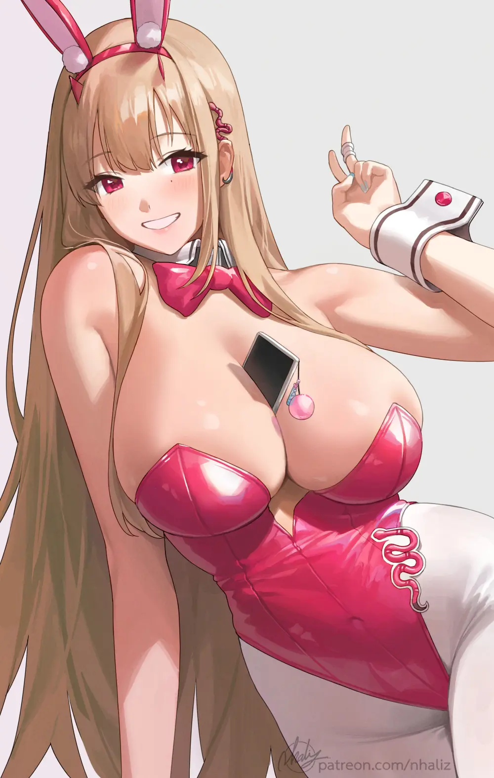 Image 1girls,breasts,female,hair_ornament,large_breasts,long_hair,looking_at_viewer,red_eyes,blonde_hair,mole,bunny_ears,mole_under_eye,detached_collar,goddess_of_victory:_nikke,playboy_bunny,leotard,fake_animal_ears,phone,pantyhose,between_breasts,bowtie,wrist_cuffs,painted_fingernails,viper_(nikke),pink_leotard,nhaliz,viper_(toxic_rabbit)_(nikke)