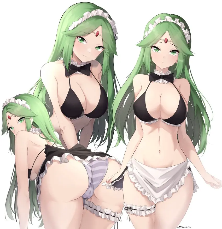 Image 1girls,breasts,female,large_breasts,long_hair,looking_at_viewer,navel,choker,bikini,ass,milf,midriff,green_eyes,goddess,swimsuit,nintendo,green_hair,maid,maid_uniform,black_bikini,maid_headdress,apron,circlet,thigh_strap,bowtie,kid_icarus,kid_icarus_uprising,palutena,maid_apron,black_swimsuit,maid_bikini,maid_swimsuit,steeb