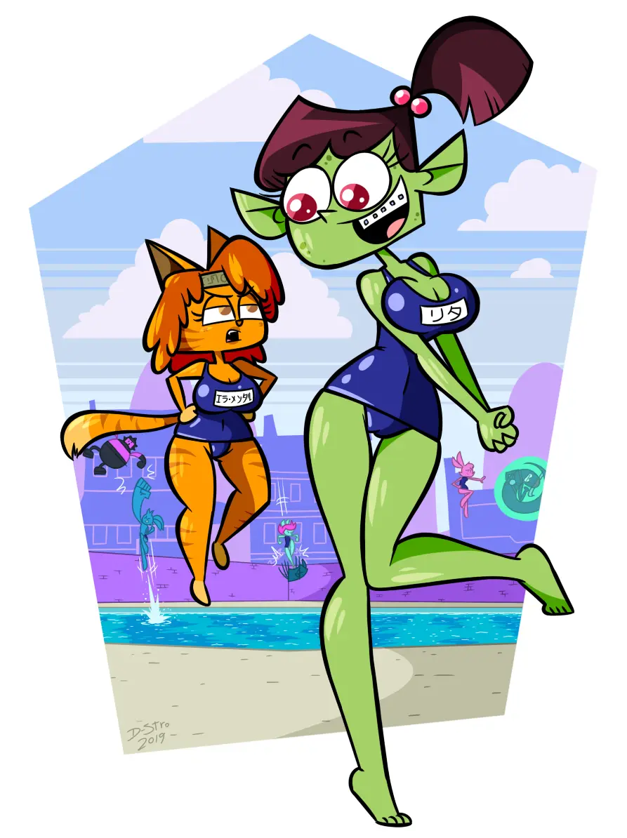 Image breasts,female,cat_girl,huge_breasts,green_skin,brown_hair,pool,school_swimsuit,huge_hips,background_characters,d-stro,sinstroart,sukumizu,yin_yang_yo!,lina_(yin_yang_yo!),yang_(yin_yang_yo!),yin_(yin_yang_yo!),ella-mental,giant_girl,rita_(yin_yang_yo!)