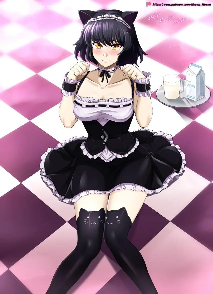Image 1girls,breasts,female,looking_at_viewer,black_hair,short_hair,thighhighs,yellow_eyes,choker,cat_ears,catgirl,medium_breasts,sitting,maid,maid_uniform,maid_headdress,tray,sitting_on_floor,rwby,cup,wrist_cuffs,milk_carton,blake_belladonna,paw_pose,vilde_loh_hocen