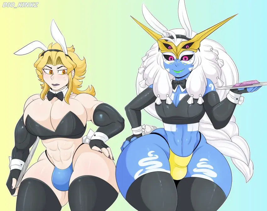 Image long_hair,white_hair,male,thighhighs,thick_thighs,2boys,femboy,male_only,cleavage,blonde_hair,bunny_ears,bulge,vampire,lipstick,bunnysuit,thong,fingerless_gloves,armwear,alien,blue_skin,jojo's_bizarre_adventure,condoms,alduingijinka,ambush_(trap),alduinafterdark,dio_brando,fu_[jess_baptiste_vi],no_more_heroes