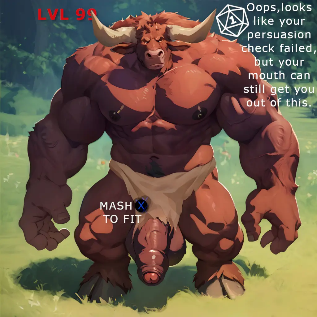 Image male,penis,muscular,muscular_male,horns,ai_generated,yaoi,balls,anthro,text,pubic_hair,bara,flaccid,biceps,muscular_anthro,foreskin,uncircumcised,bad_end,large_penis,large_balls,partially_retracted_foreskin,retracted_foreskin,uncut,minotaur,bovid,bovine,hooves,male_anthro,penis_out,imminent_rape,loincloth,hdregrets,rpg,critical_fail,critical_failure,dice_roll