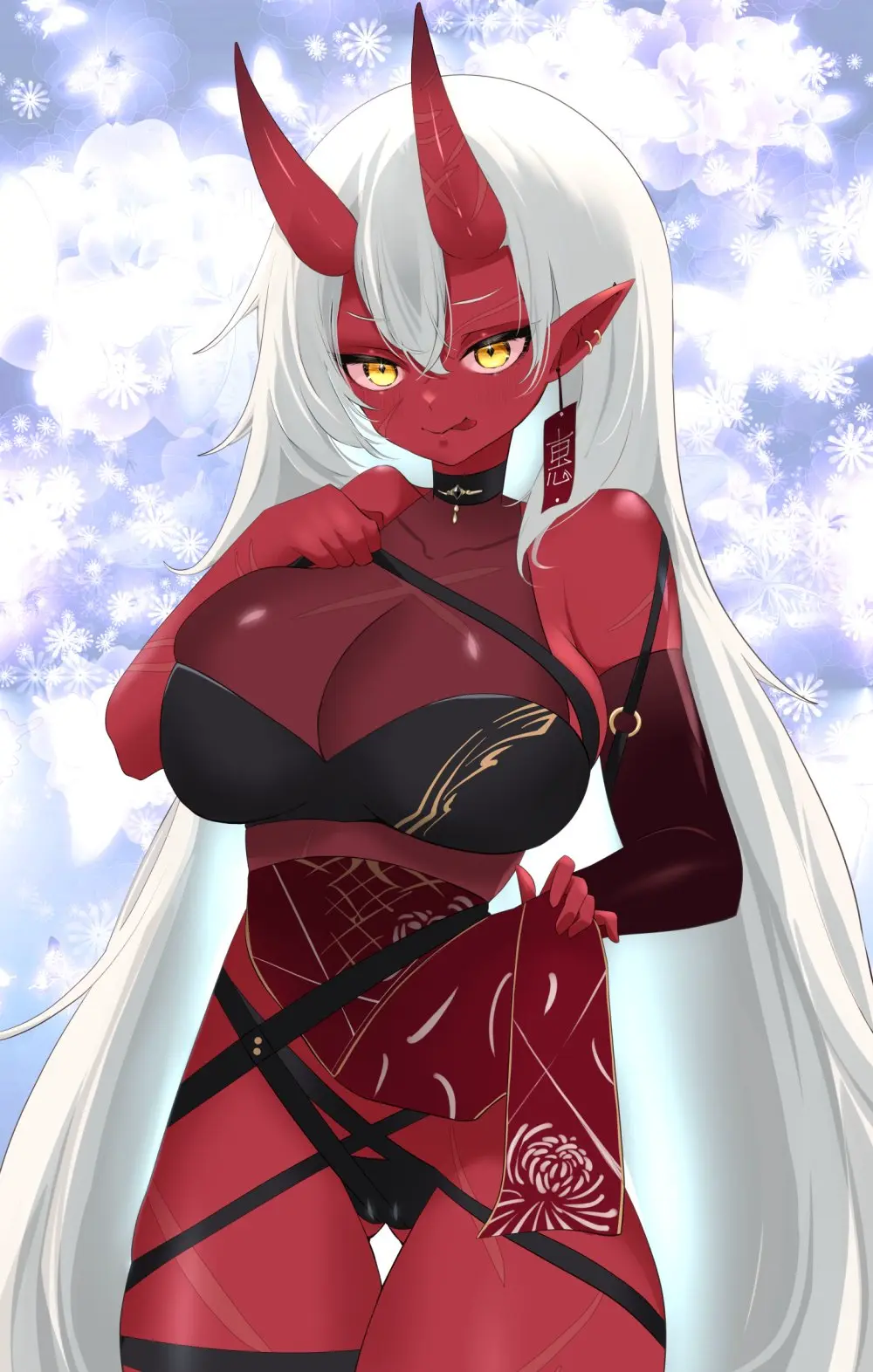 Image female,smile,white_hair,yellow_eyes,smiling,virtual_youtuber,horns,red_skin,scars,akumi,oni,oni_horns,vyugen