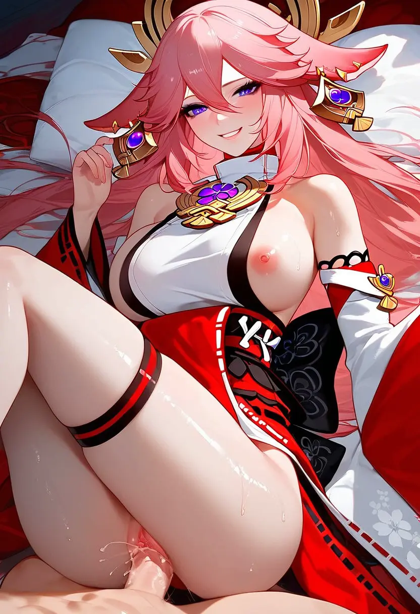 Image big_breasts,breasts,female,long_hair,smile,ai_generated,happy,pink_hair,genshin_impact,yae_miko,big,miko_outfit