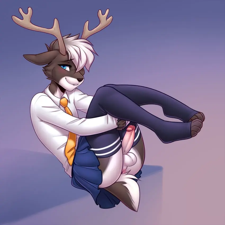 Image blush,clothed,clothing,hi_res,looking_at_viewer,shirt,simple_background,smile,solo,blue_eyes,male,penis,short_hair,ass,erection,humanoid_penis,striped_clothing,feet,femboy,eyebrows,white_clothing,balls,hair,gradient_background,anus,presenting,skirt,fur,genitals,mammal,multicolored_body,horn,dress_shirt,antlers,5_fingers,black_nose,girly,legwear,thigh_highs,white_body,presenting_hindquarters,necktie,fingers,humanoid_genitalia,blue_skirt,brown_fur,toes,deer,fluffy,glans,tuft,topwear,brown_body,white_balls,white_fur,presenting_anus,stripes,bottomwear,white_penis,blue_bottomwear,blue_clothing,pattern_clothing,pink_glans,upskirt,pink_penis,presenting_penis,5_toes,pink_anus,facial_tuft,cheek_tuft,penis_tuck,juno_(thatdeerboi),lockworkorange