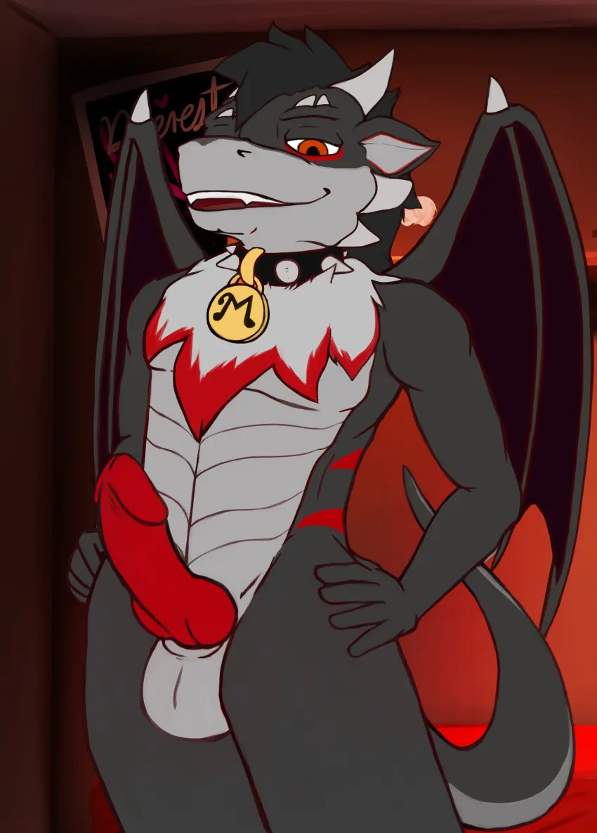 Image hi_res,looking_at_viewer,open_mouth,smile,solo,male,nude,penis,tail,erection,athletic,athletic_male,digital_media_(artwork),balls,hair,wings,anthro,mythology,bedroom,collar,fur,genitals,horn,scalie,penile,furniture,animal_genitalia,animal_penis,knot,mythological_creature,dragon,mythological_scalie,athletic_anthro,deerest_stag,max_harwell