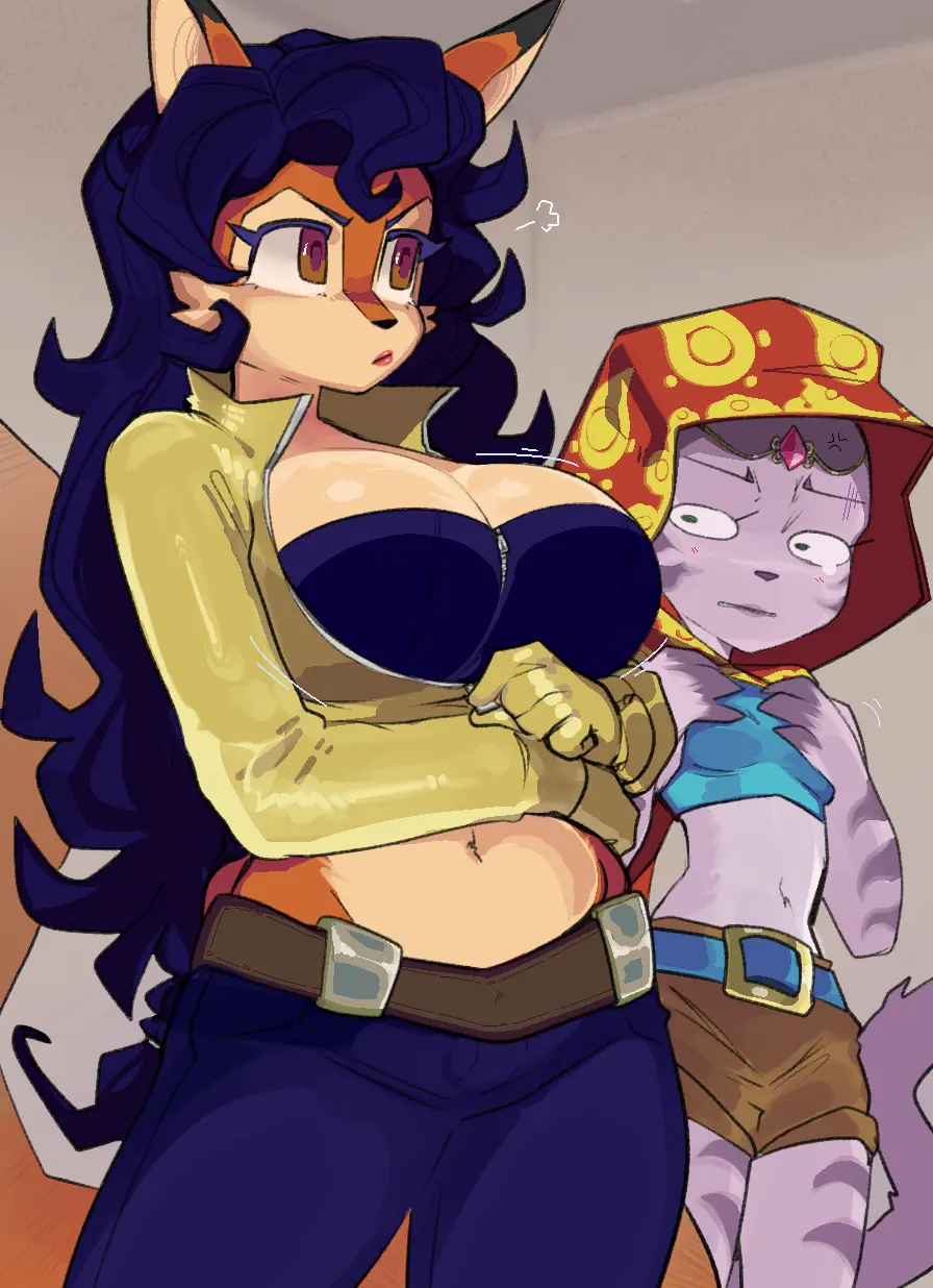 Image big_breasts,breasts,brown_eyes,clothed,clothing,female,female_only,hi_res,large_breasts,long_hair,2girls,blue_hair,furry,female_focus,small_breasts,thick_thighs,bare_thighs,color,solo_female,size_difference,huge_breasts,looking_at_another,fox_ears,fox_girl,fox_tail,feline,fox,topwear,bare_arms,sony_interactive_entertainment,breast_envy,carmelita_fox,pb_doodles,sly_cooper_(series),sucker_punch_productions,jealous,neyla