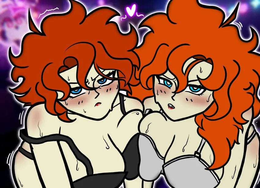 Image blush,breasts,female,blue_eyes,red_hair,underwear,sweatdrop,sisters,forced,younger_female,sister,boob,fangame_character