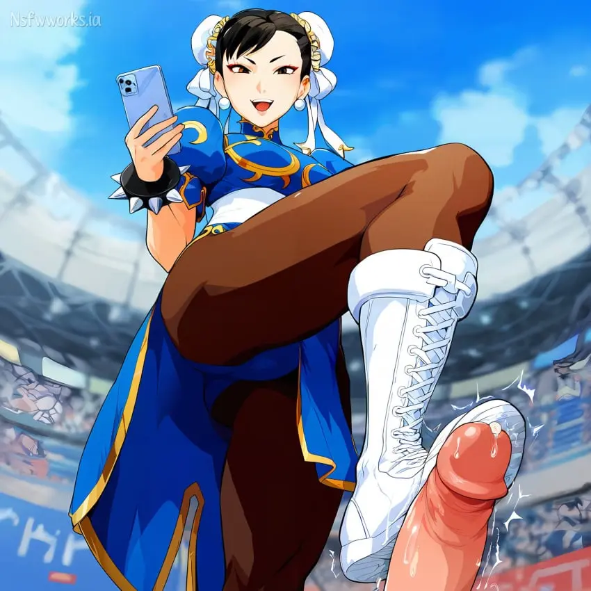 Image 1girls,big_breasts,breasts,female,human,smile,1boy,male,thighs,athletic,muscular,ai_generated,brown_hair,mature_female,humiliation,defeated,teasing,athletic_female,muscular_female,boots,femdom,footjob,phone,capcom,chun-li,street_fighter,bootjob,stepped_on,trample,nsfwworks.ia,defeated_male