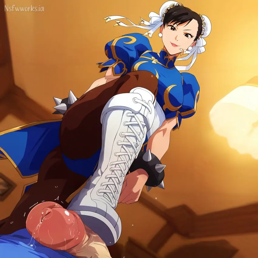 Image 1girls,big_breasts,breasts,female,human,smile,1boy,male,thighs,athletic,muscular,ai_generated,brown_hair,mature_female,humiliation,defeated,teasing,athletic_female,muscular_female,boots,femdom,footjob,capcom,chun-li,street_fighter,bootjob,stepped_on,trample,nsfwworks.ia,defeated_male