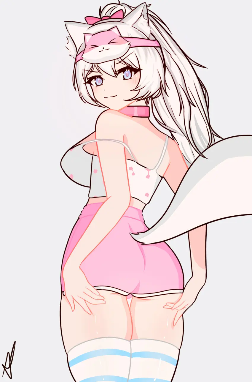 Image breasts,female,highres,light-skinned_female,light_skin,looking_at_viewer,simple_background,solo,standing,animal_ears,short_hair,thighhighs,female_focus,looking_back,voluptuous,ponytail,virtual_youtuber,solo_female,vtuber,blonde_hair,animal_tail,voluptuous_female,hourglass_figure,fox_girl,backboob,vtuberfanart,hispanic_virtual_youtuber,momonikyvt