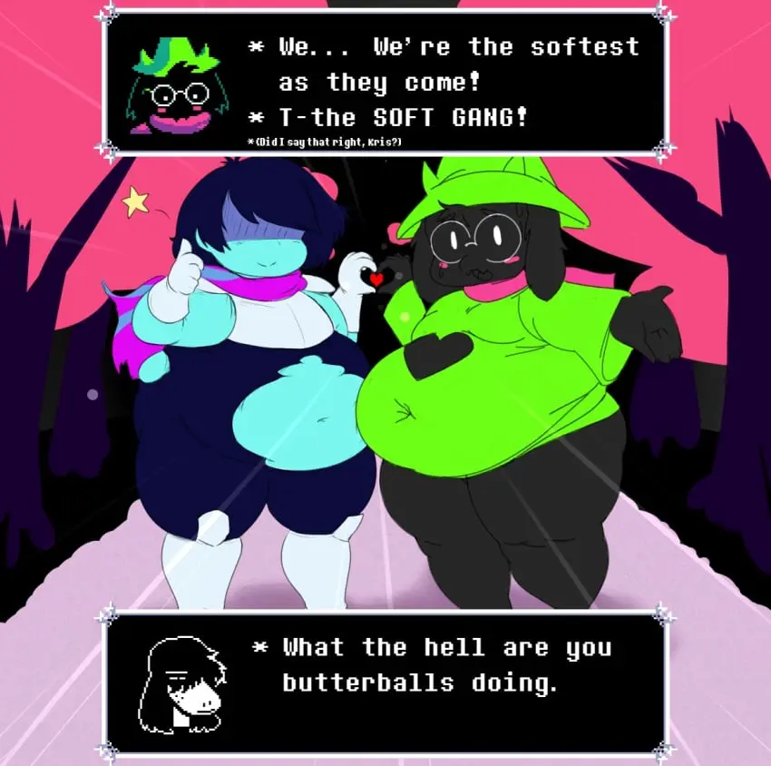 Image 1girls,female,male,2boys,belly,belly_button,text,cute,bodysuit,text_box,torn_clothes,text_bubble,deltarune,fat,susie_(deltarune),obese,torn_clothing,kris_(deltarune),obese_female,torn_bodysuit,obese_anthro,obese_male,ralsei,ralsei_(deltarune),ralsei_with_black_fur,stuttering,purrine
