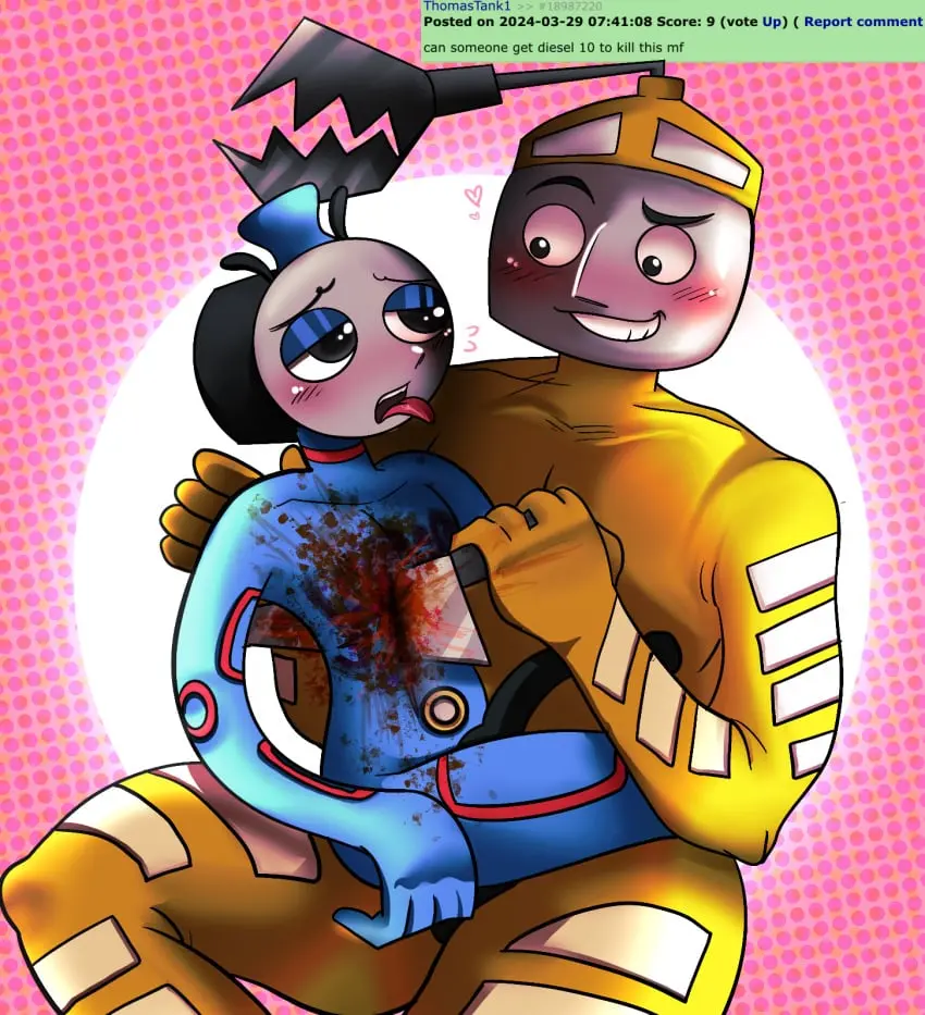 Image blush,humanized,male,femboy,yaoi,anthro,what,gay,blood,yellow_body,snuff,blue_body,panting,train,gore,blood_splatter,knife,no_hair,guro,murder,writing_on_body,knife_play,body_markings,killing,stabbing,killing_during_sex,clickmyhole,destination_films,diesel_10,gullane_pictures,object,response,thomas_and_friends,thomas_and_the_magic_railroad,thomas_the_tank_engine