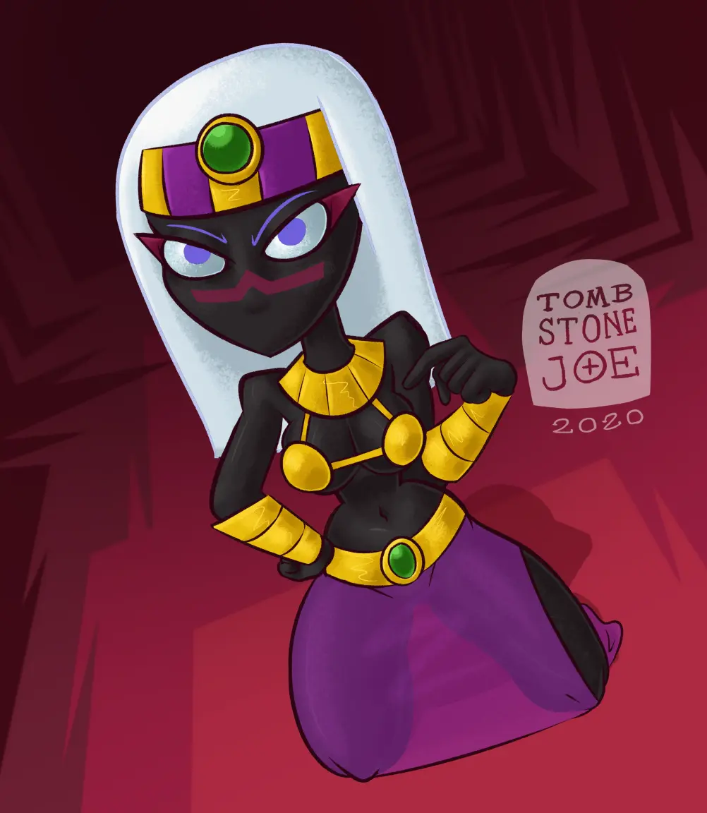 Image female,white_hair,purple_eyes,black_skin,black_body,on_knees,facial_mark,alien,alien_girl,looney_tunes,warner_brothers,alien_humanoid,duck_dodgers,martian,martian_(duck_dodgers),queen_tyr'ahnee,golden_bikini_top,purple_skirt,looking_up_at_viewer,tombstonejoe