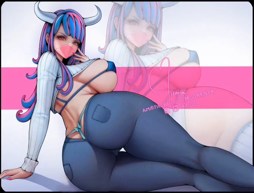 Image 1girls,big_breasts,blush,breasts,clothed,clothing,female,female_only,hi_res,large_breasts,light-skinned_female,light_skin,long_hair,long_sleeves,looking_at_viewer,solo,blue_hair,ass,big_ass,big_butt,bubble_butt,female_focus,thick_thighs,voluptuous,multicolored_hair,one_piece,horns,color,solo_female,huge_breasts,tagme,pink_eyes,voluptuous_female,back,shounen_jump,alternate_costume,ass_focus,thong,nipples_visible_through_clothing,back_view,erect_nipples,denim,jeans,mask,short_shirt,thong_straps,denim_bottomwear,ulti_(one_piece),blue_bra,lirenya,thong_str