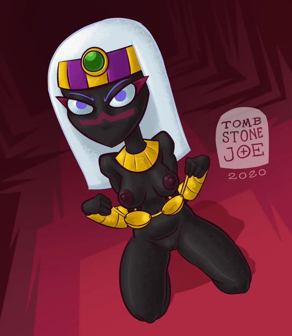 Image female,white_hair,purple_eyes,black_skin,black_body,facial_mark,alien,alien_girl,looney_tunes,warner_brothers,alien_humanoid,duck_dodgers,martian,martian_(duck_dodgers),queen_tyr'ahnee,removing_top,tombstonejoe,removing_topwear