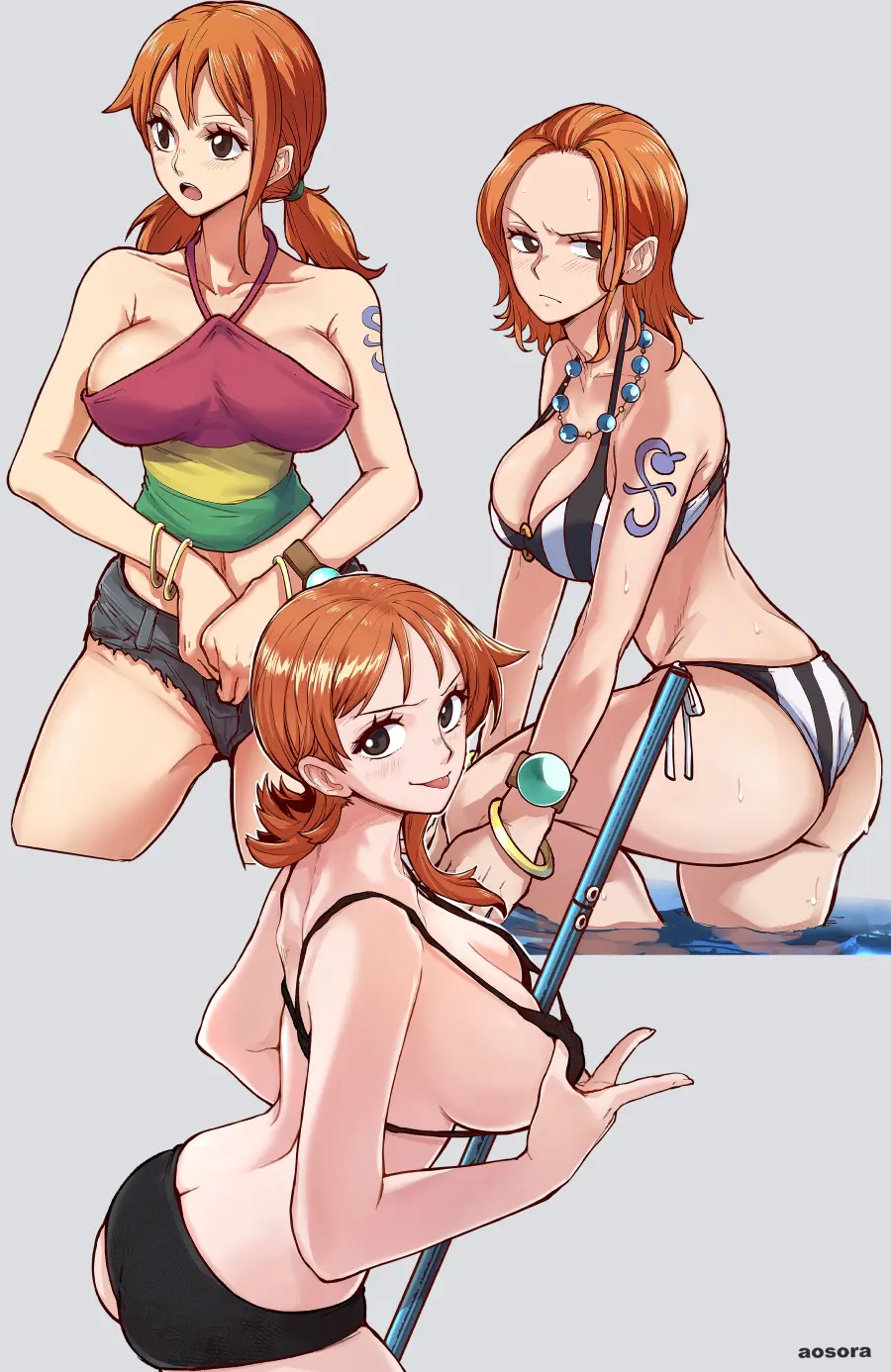 Image 1girls,breasts,brown_eyes,female,female_only,highres,large_breasts,open_mouth,shirt,simple_background,short_hair,bikini,one_piece,artist_name,blue_tattoo,jewelry,nami_(one_piece),orange_hair,tattoo,tattoo_on_arm,tattooed_arm,swimsuit,necklace,medium_hair,sleeveless,sleeveless_shirt,official_alternate_costume,shoulder_tattoo,multiple_views,bracelet,grey_background,crop_top,striped_clothes,striped_bikini,log_pose,pre-timeskip,multicolored_shirt,one_piece_film_strong_world,aosora,denim_panties,striped_shirt