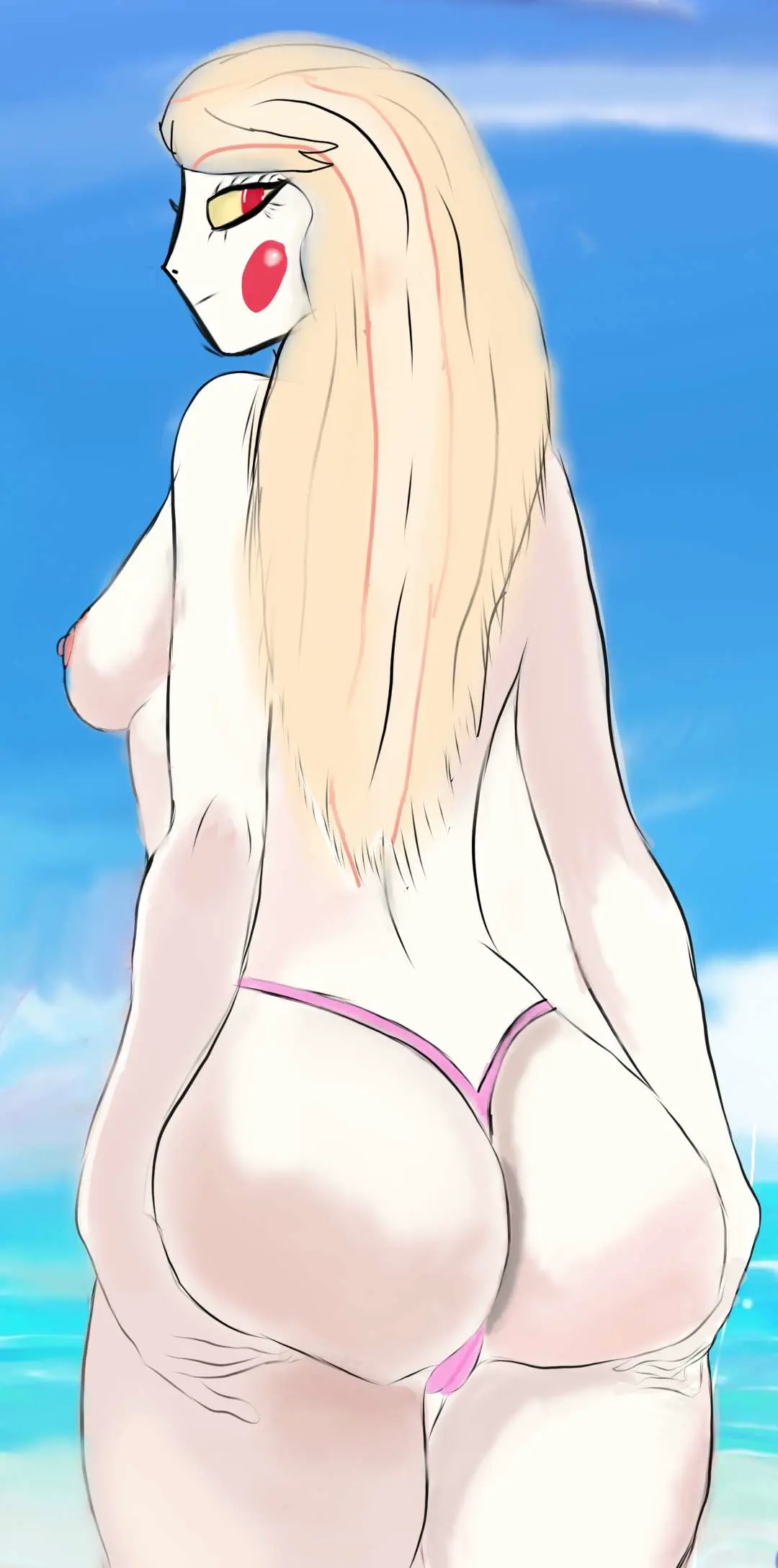 Image big_breasts,breasts,female,looking_at_viewer,bikini,big_ass,bubble_butt,looking_back,smiling,smiling_at_viewer,swimsuit,underwear_only,ass_focus,ass_support,charlie_morningstar_(hazbin_hotel),semi_nude