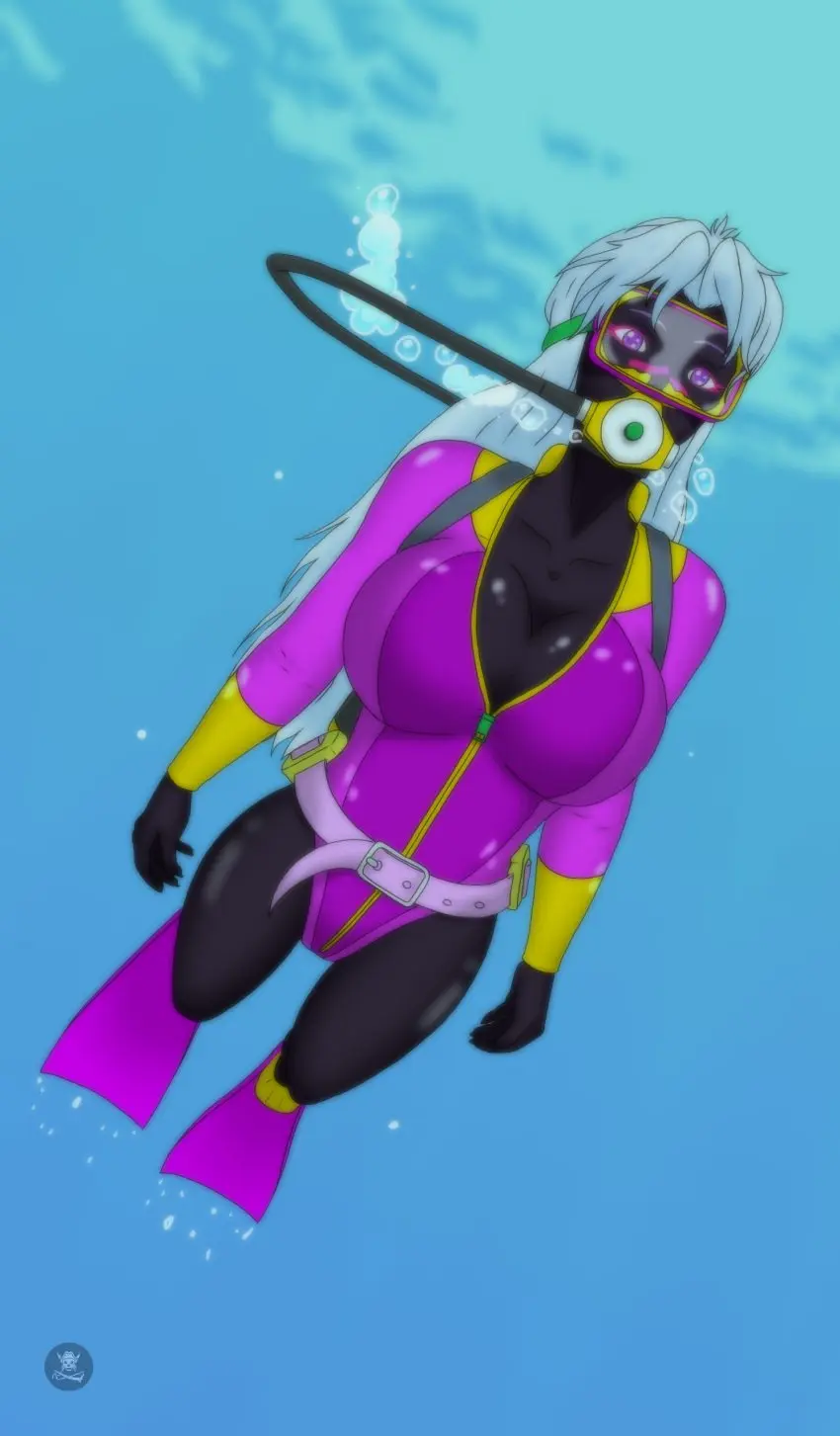 Image female,white_hair,purple_eyes,black_skin,black_body,facial_mark,alien,alien_girl,looney_tunes,warner_brothers,alien_humanoid,underwater,duck_dodgers,martian,martian_(duck_dodgers),queen_tyr'ahnee,scuba,scuba_gear,anthrokidnapper