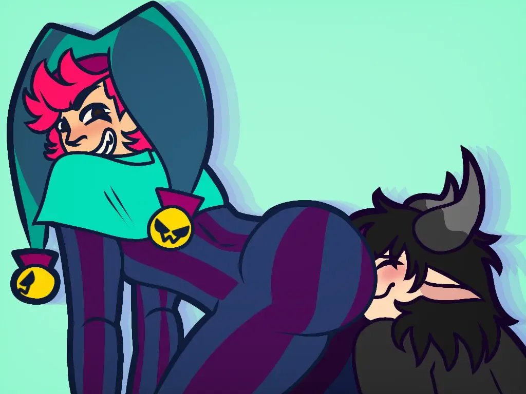 Image blush,human,simple_background,black_hair,male,blue_background,huge_ass,huge_butt,smiling,horns,male_only,digital_drawing_(artwork),digital_media_(artwork),flustered,demon,original_character,closed_eyes,bent_over,black_eyes,brawl_stars,purple_clothing,self_insert,black_clothing,green_clothing,smiling_at_another,clown,supercell,flat_colors,commissioner_upload,face_markings,oc_x_canon,jester,chester_(brawl_stars),jester_outfit,teal_clothing,bells,devon_(kaithedumbass02),gold_clothing